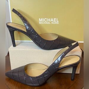 Michael Kors Chocolate Brown Croc-Embossed Leather Slingback Heels Size 7